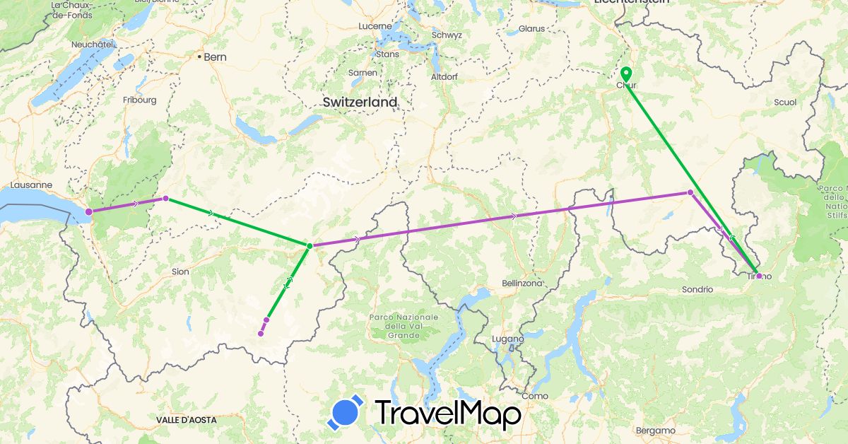 TravelMap itinerary: driving, bus, train in Switzerland, Italy (Europe)