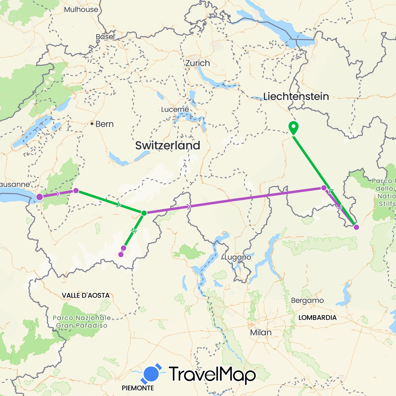 TravelMap itinerary: driving, bus, train in Switzerland, Italy (Europe)