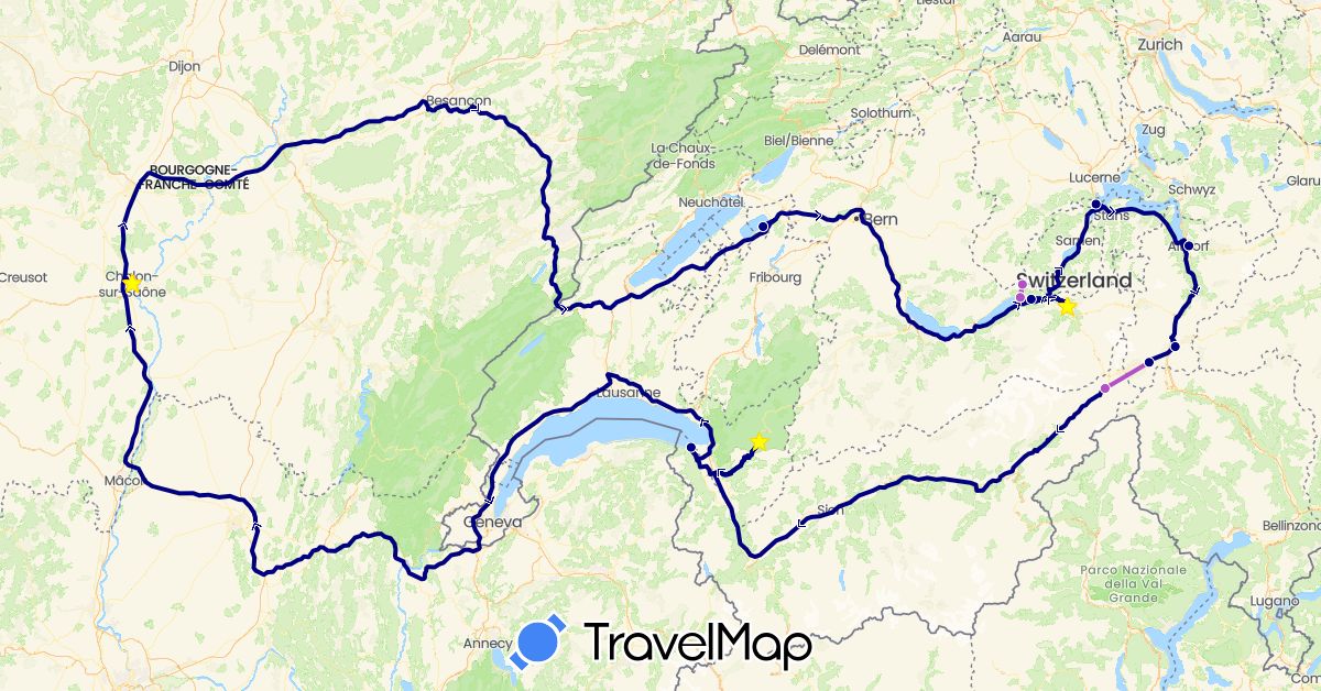 TravelMap itinerary: driving, train in Switzerland, France (Europe)