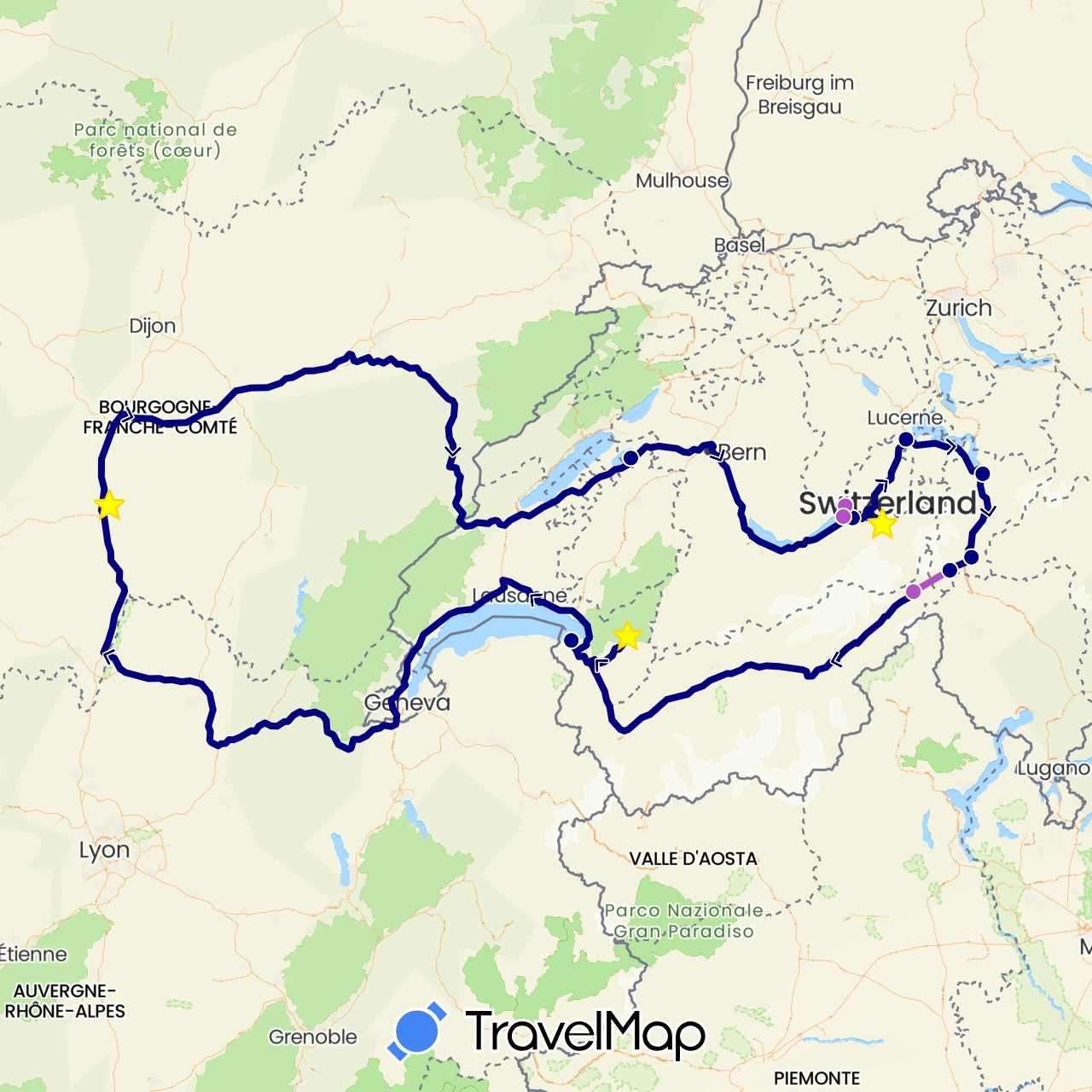 TravelMap itinerary: driving, train in Switzerland, France (Europe)