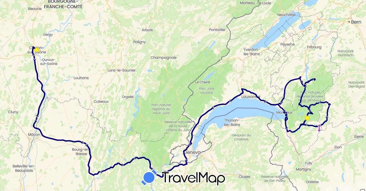 TravelMap itinerary: driving, train in Switzerland, France (Europe)