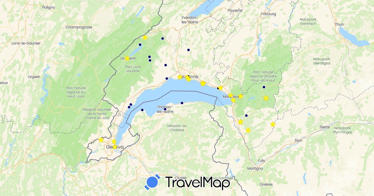TravelMap itinerary: driving in Switzerland, France (Europe)