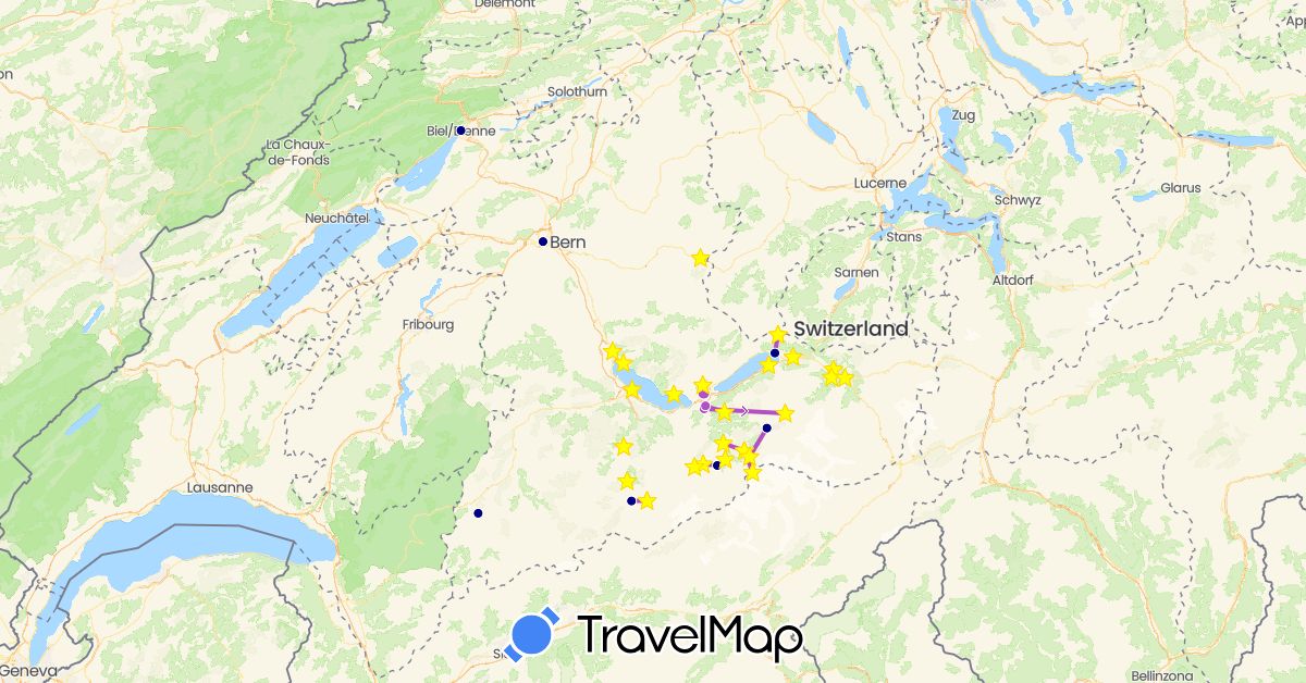 TravelMap itinerary: driving, train in Switzerland (Europe)