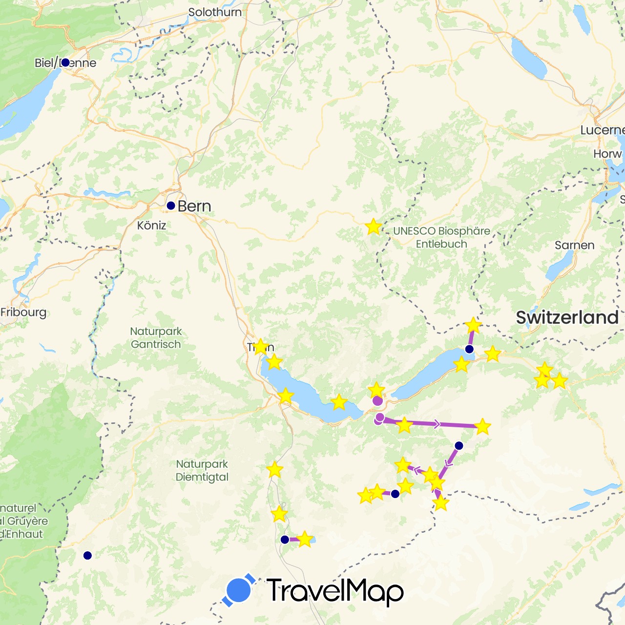 TravelMap itinerary: driving, train in Switzerland (Europe)