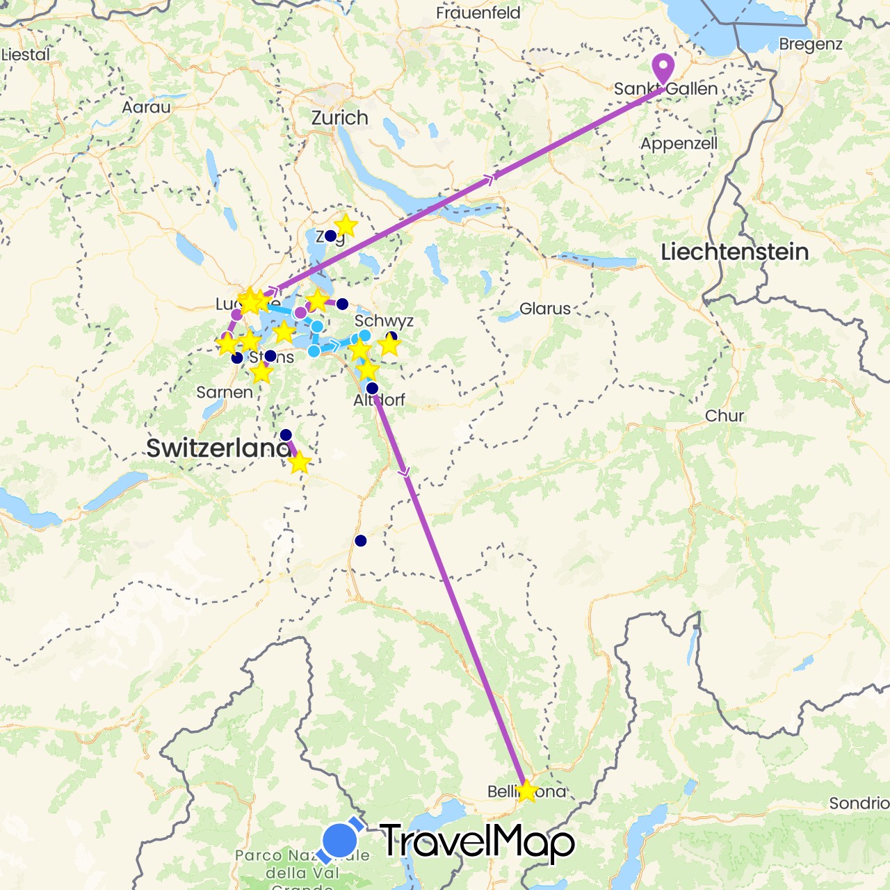 TravelMap itinerary: driving, train, boat in Switzerland (Europe)