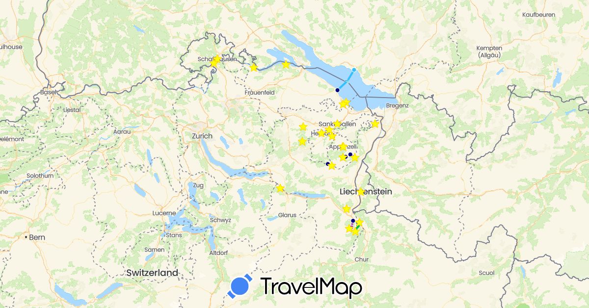 TravelMap itinerary: driving, bus, train, boat in Switzerland, Germany, Liechtenstein (Europe)