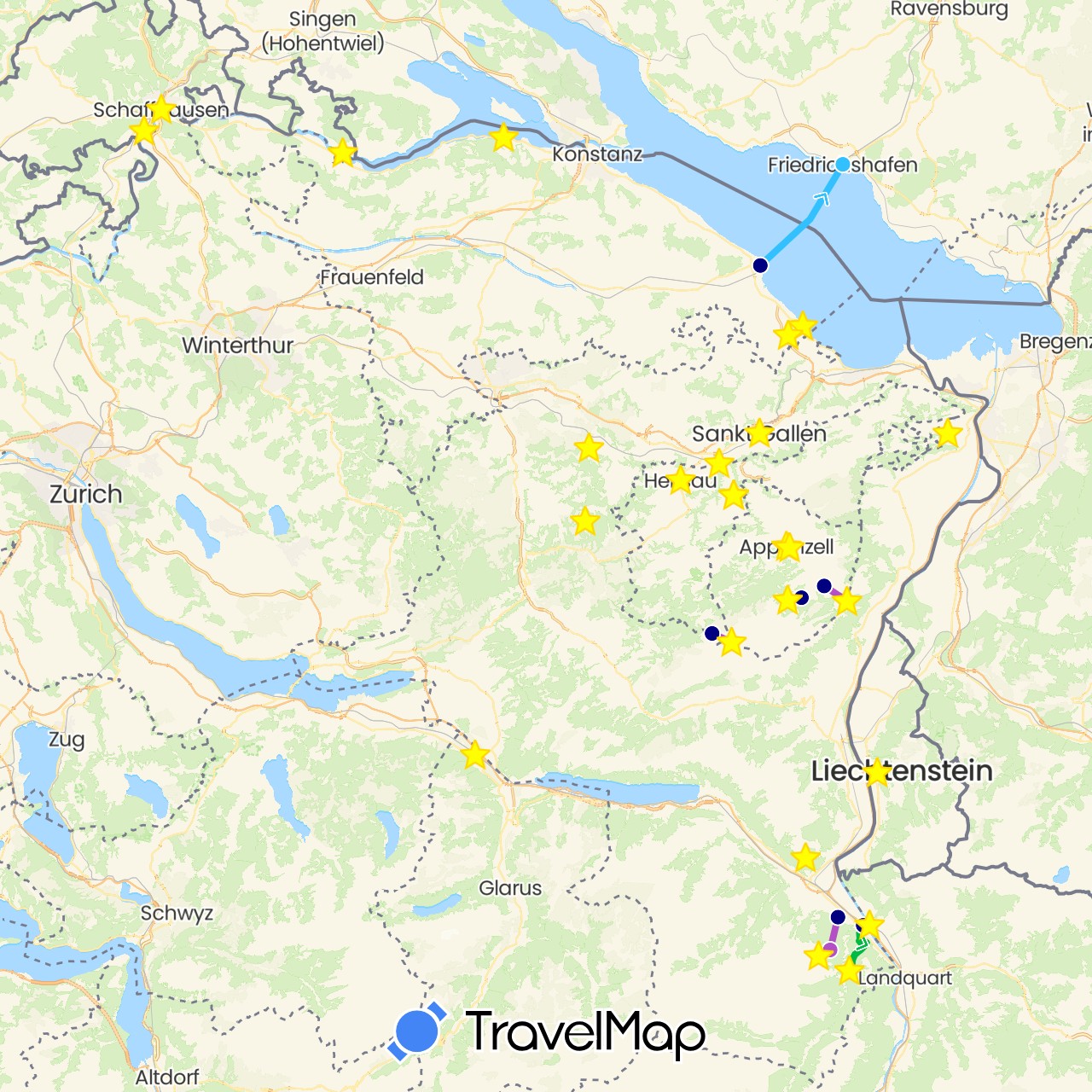 TravelMap itinerary: driving, bus, train, boat in Switzerland, Germany, Liechtenstein (Europe)