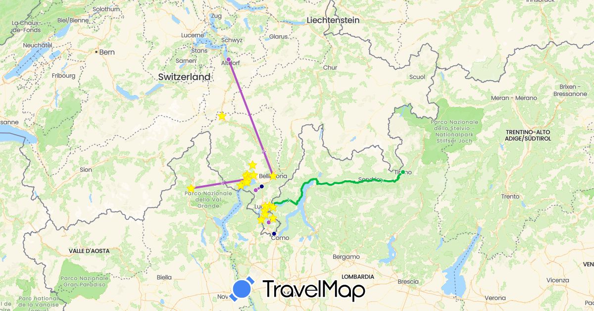 TravelMap itinerary: driving, bus, train, boat in Switzerland, Italy (Europe)