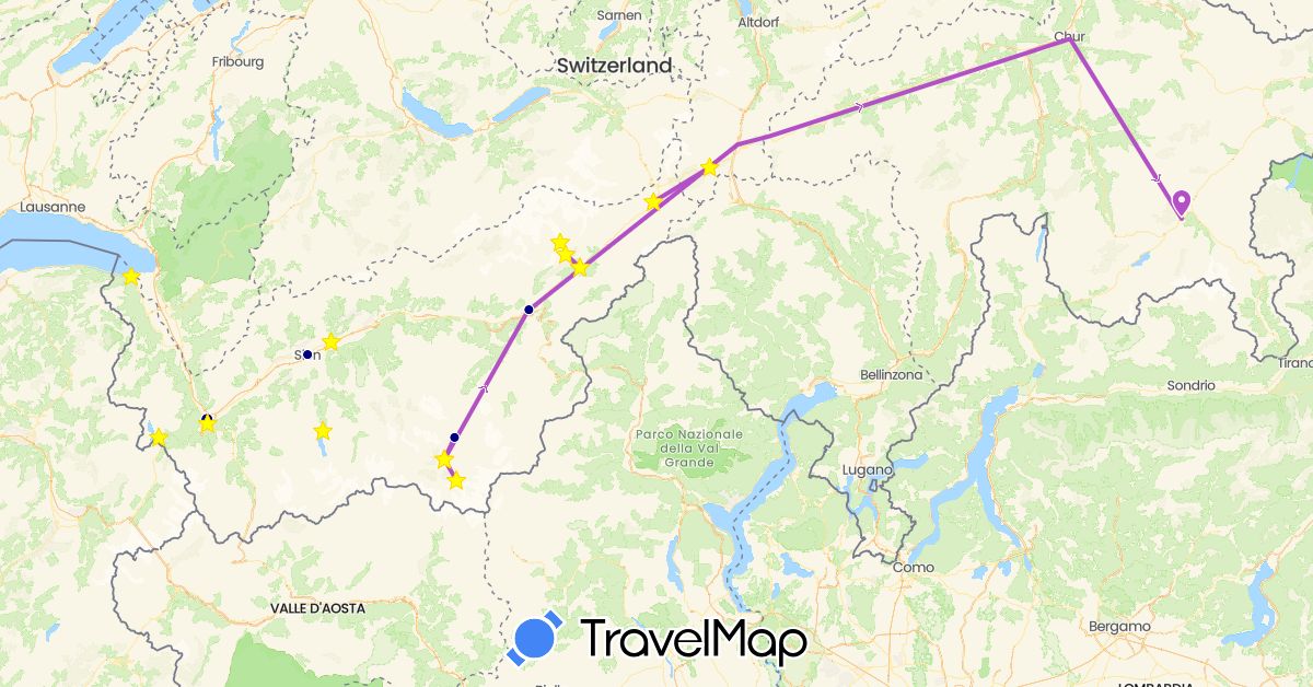 TravelMap itinerary: driving, train in Switzerland (Europe)
