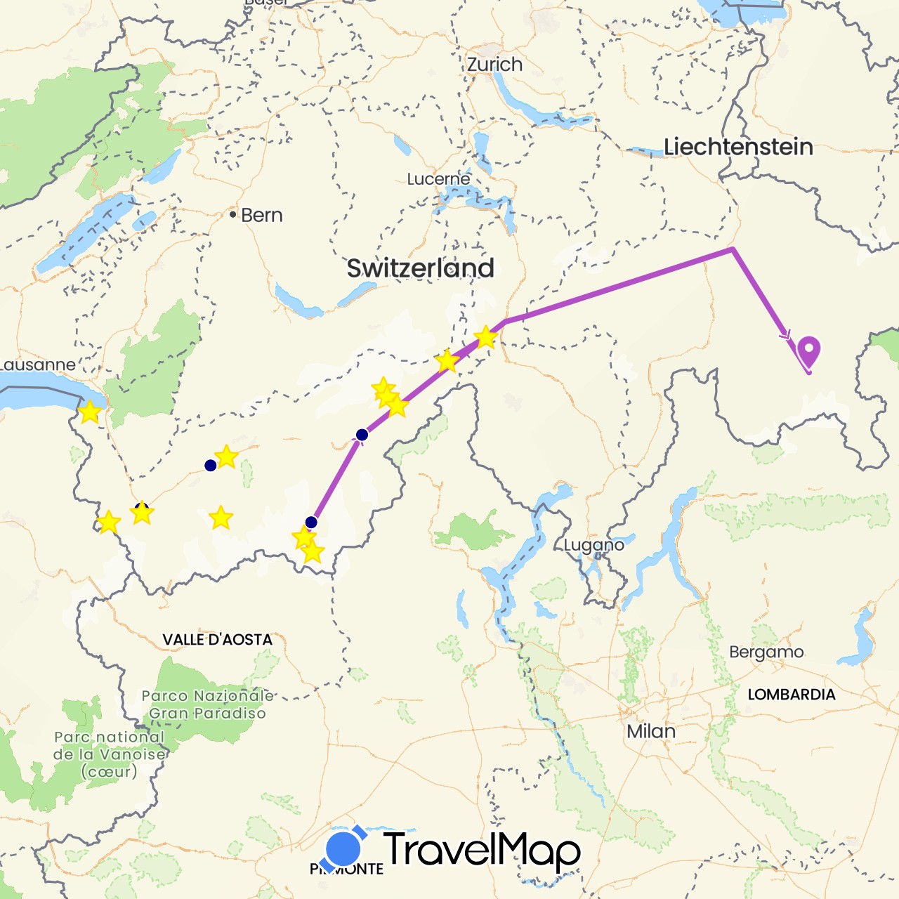 TravelMap itinerary: driving, train in Switzerland (Europe)