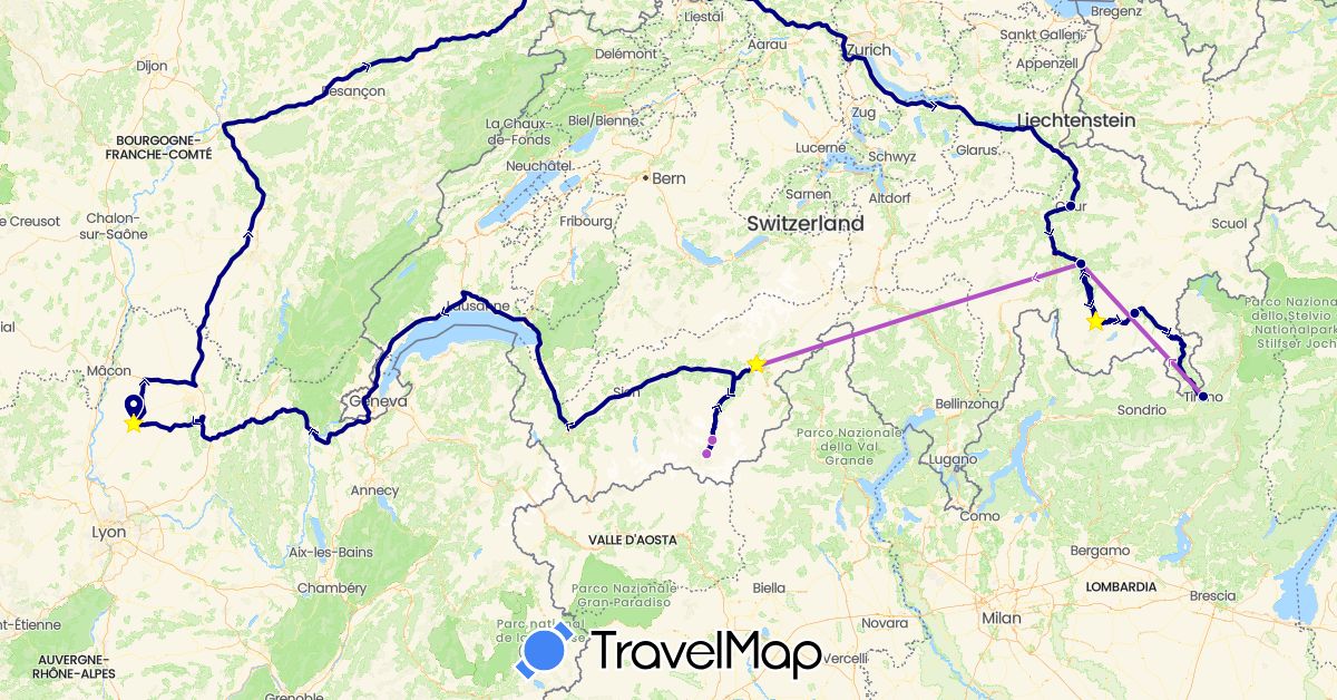 TravelMap itinerary: driving, train in Switzerland, France, Italy (Europe)