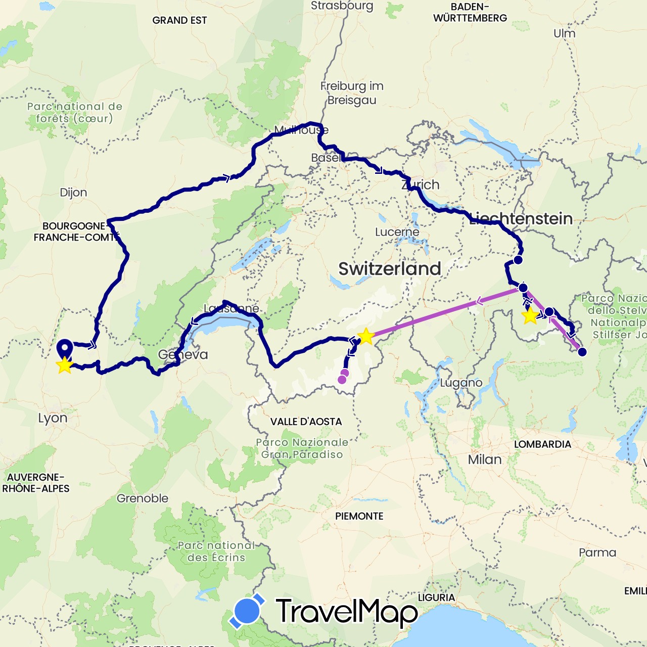TravelMap itinerary: driving, train in Switzerland, France, Italy (Europe)