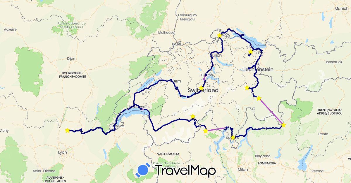 TravelMap itinerary: driving, train in Switzerland, Germany, France, Italy (Europe)
