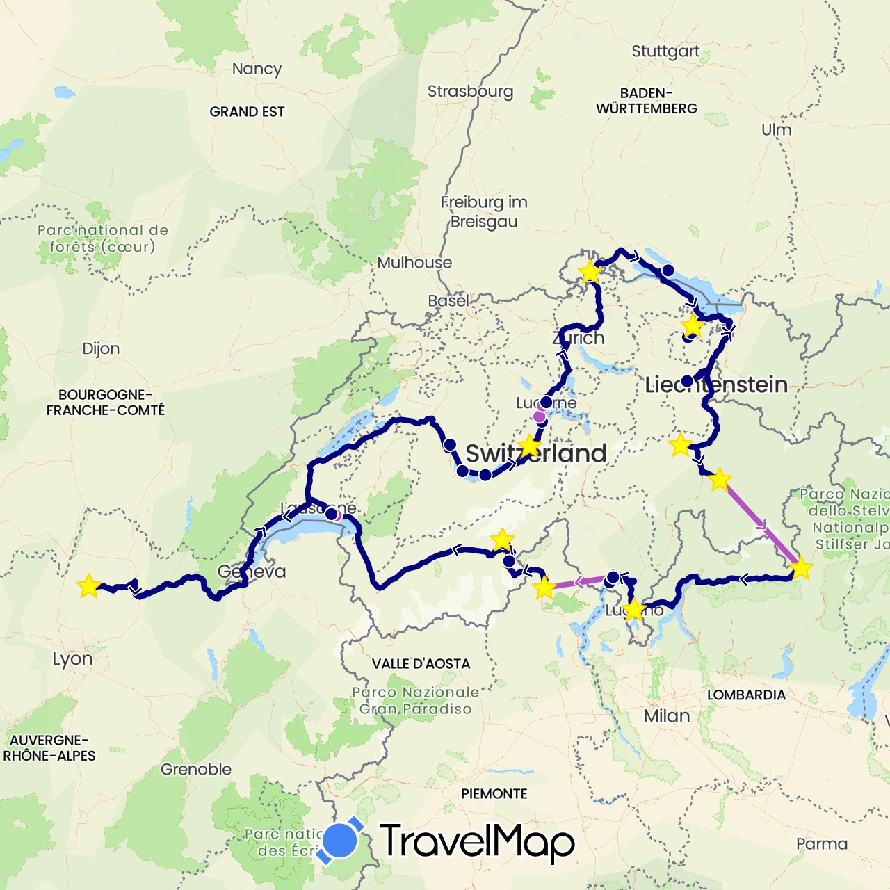 TravelMap itinerary: driving, train in Switzerland, Germany, France, Italy (Europe)
