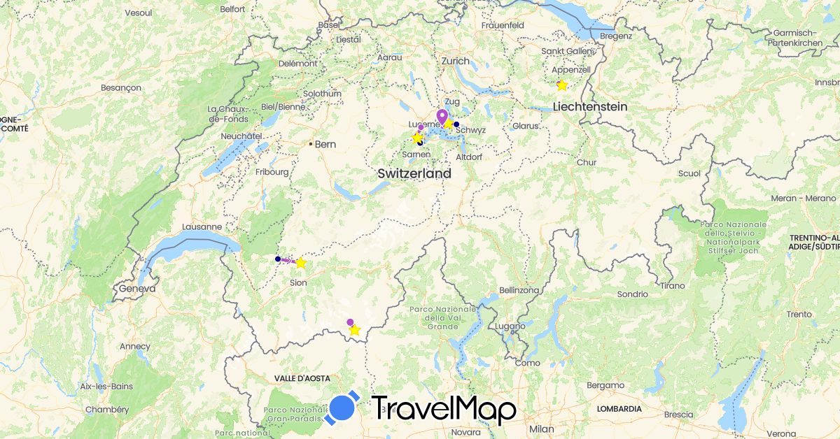 TravelMap itinerary: driving, train in Switzerland (Europe)