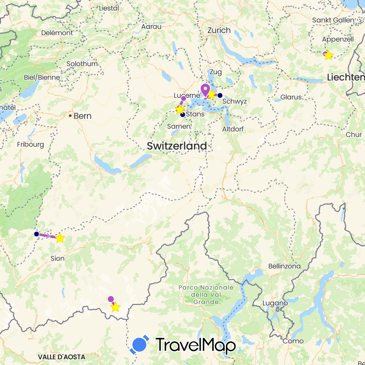 TravelMap itinerary: driving, train in Switzerland (Europe)