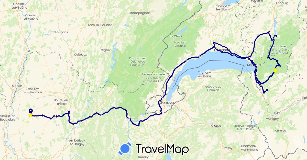 TravelMap itinerary: driving in Switzerland, France (Europe)