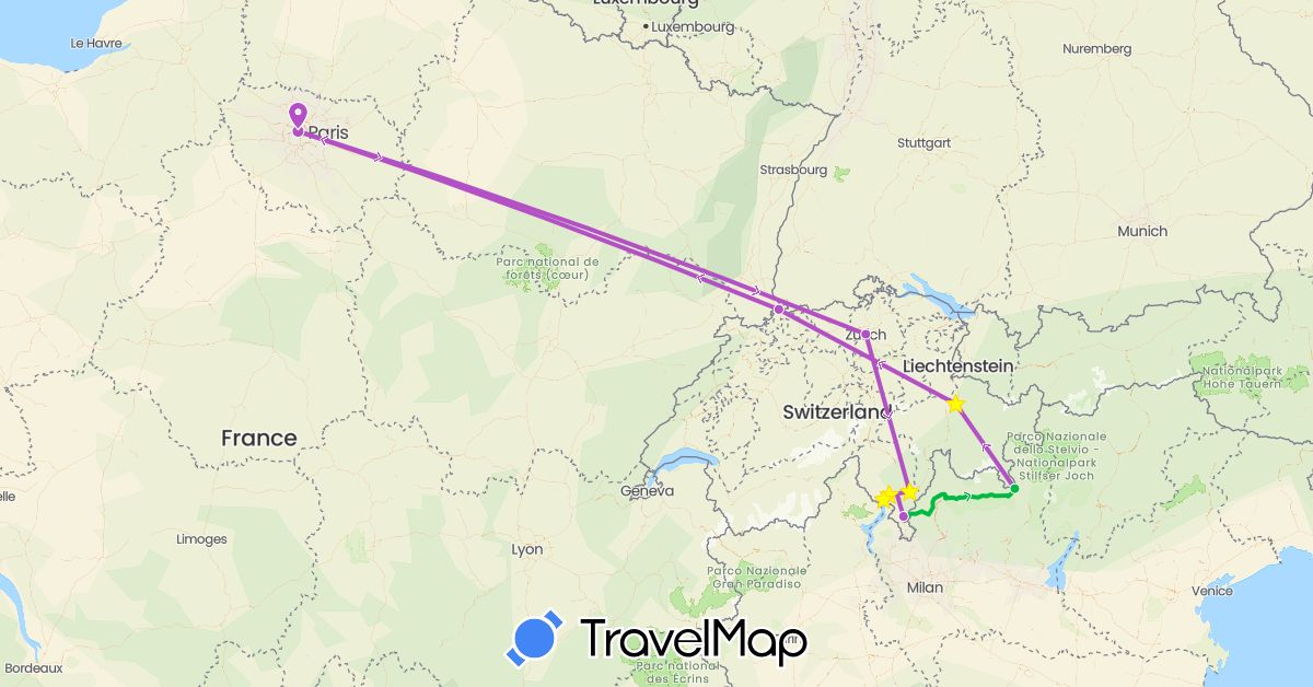 TravelMap itinerary: driving, bus, train, boat in Switzerland, France, Italy (Europe)