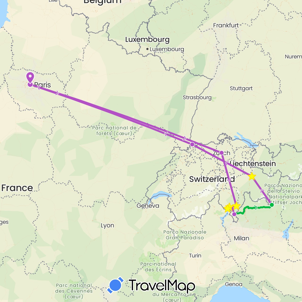 TravelMap itinerary: driving, bus, train, boat in Switzerland, France, Italy (Europe)