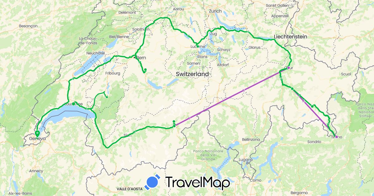 TravelMap itinerary: driving, bus, train in Switzerland, Italy (Europe)