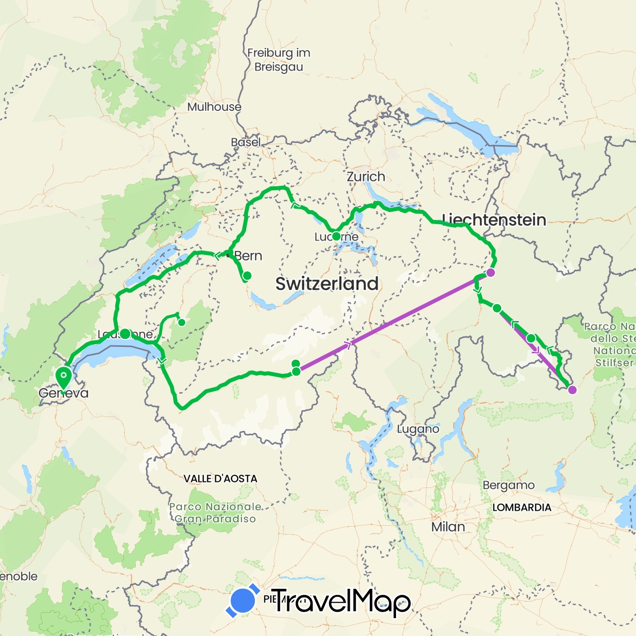 TravelMap itinerary: driving, bus, train in Switzerland, Italy (Europe)