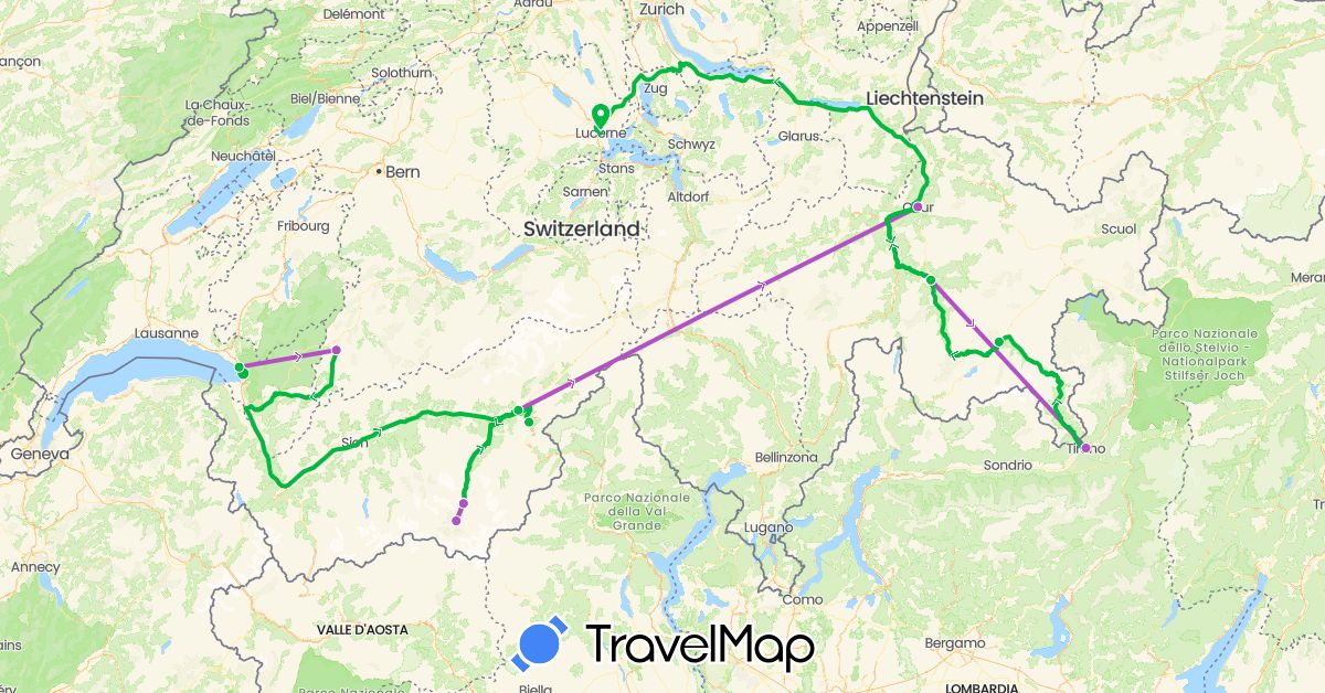 TravelMap itinerary: driving, bus, train in Switzerland, Italy (Europe)