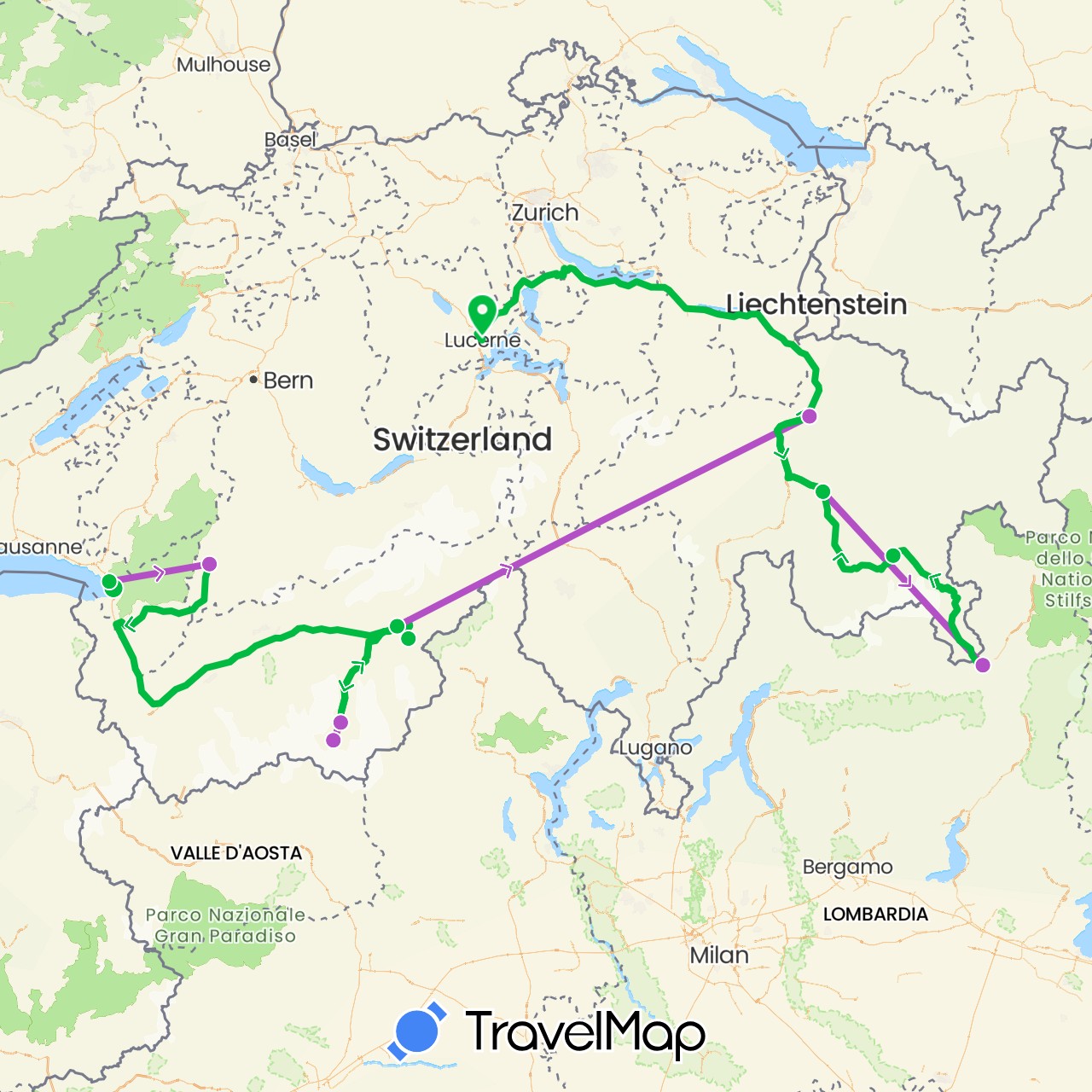TravelMap itinerary: driving, bus, train in Switzerland, Italy (Europe)
