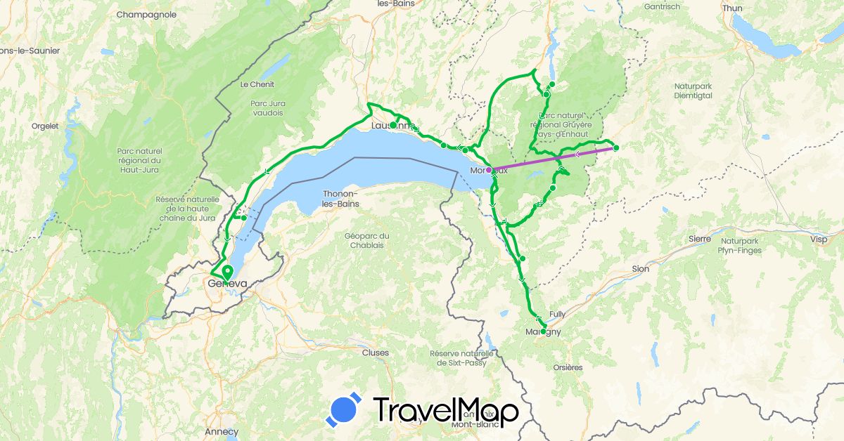 TravelMap itinerary: driving, bus, train in Switzerland (Europe)