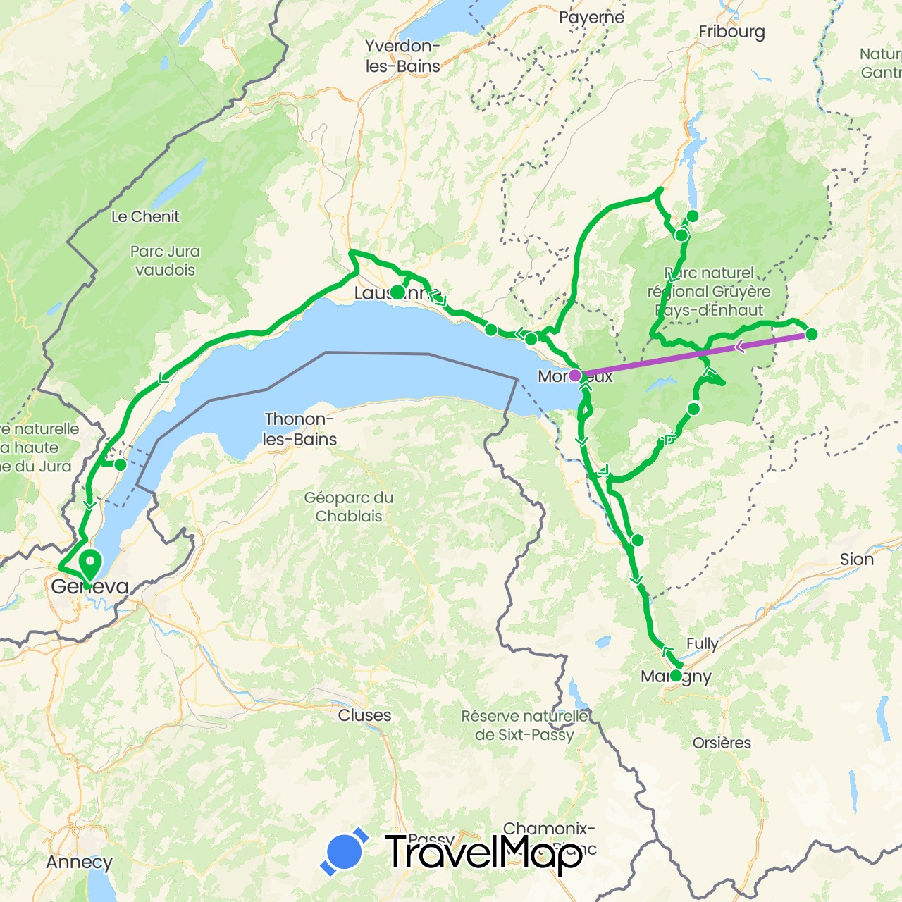 TravelMap itinerary: driving, bus, train in Switzerland (Europe)