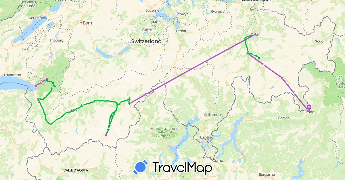 TravelMap itinerary: driving, bus, train in Switzerland, Italy (Europe)