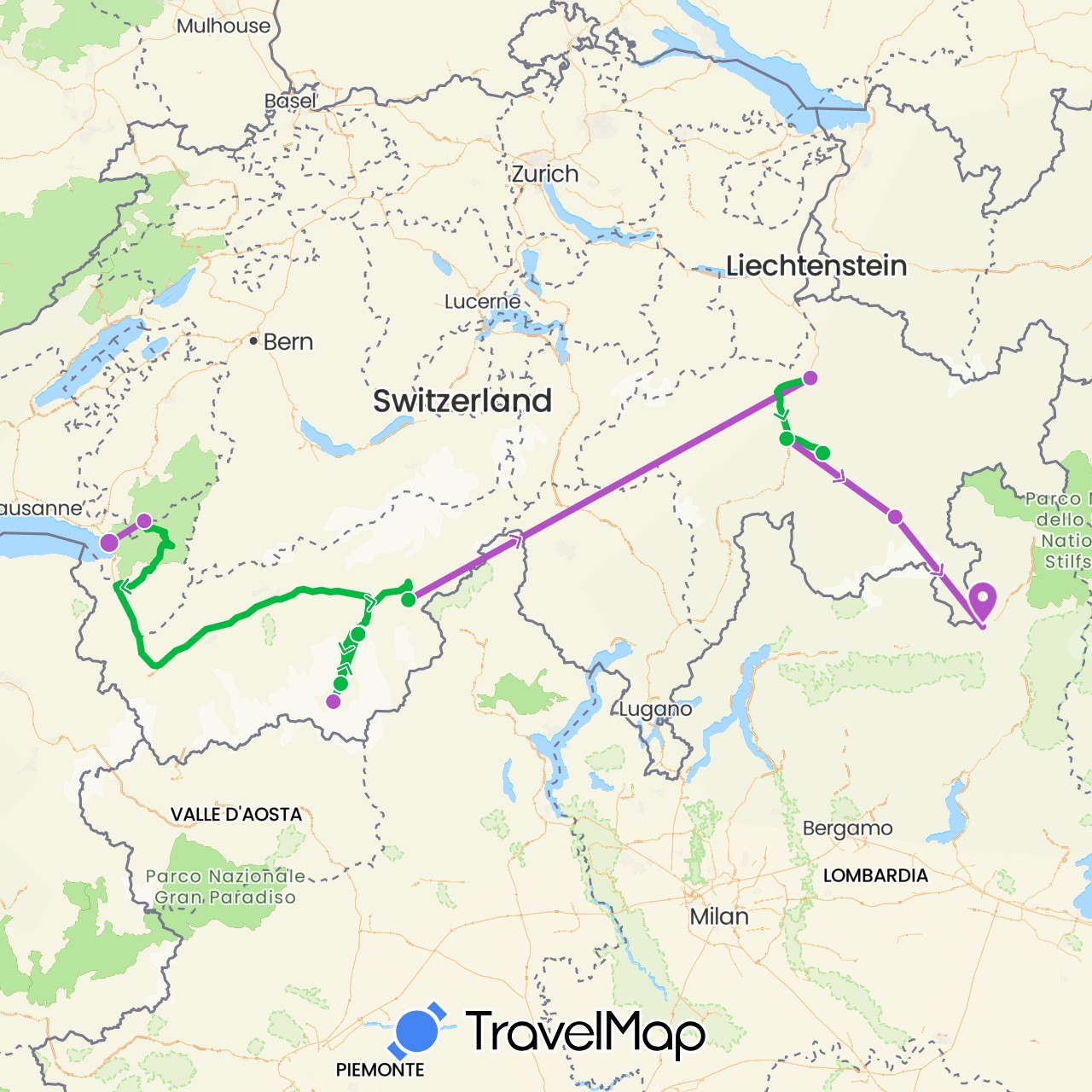 TravelMap itinerary: driving, bus, train in Switzerland, Italy (Europe)