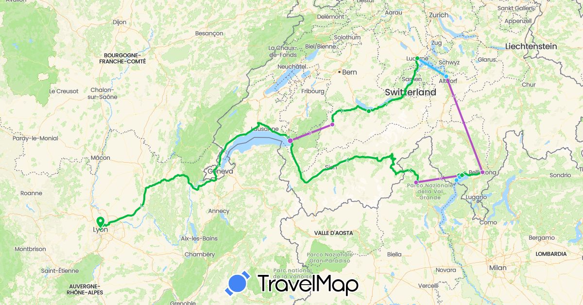 TravelMap itinerary: driving, bus, train, boat in Switzerland, France, Italy (Europe)