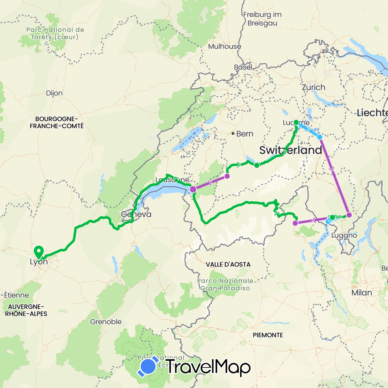 TravelMap itinerary: driving, bus, train, boat in Switzerland, France, Italy (Europe)
