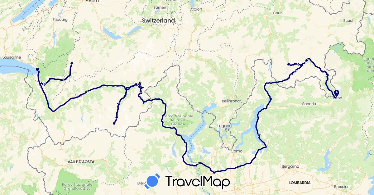TravelMap itinerary: driving in Switzerland, Italy (Europe)