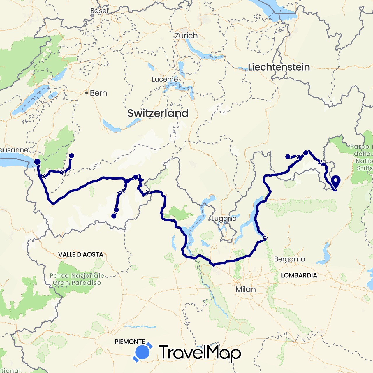 TravelMap itinerary: driving in Switzerland, Italy (Europe)